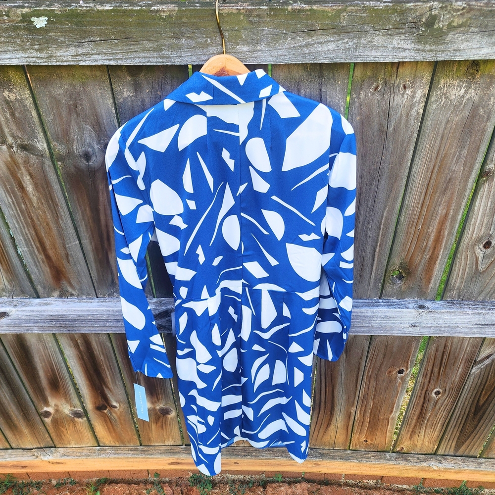 London Times Blue and White Long Sleeve Faux Wrap Dress, Size 12 - Picture 9 of 12